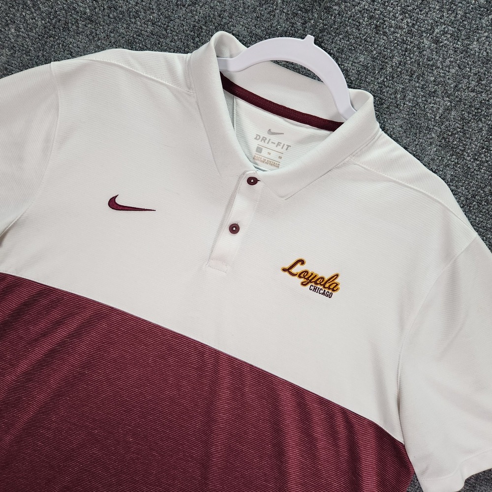 Nike Polo Shirt Mens XL White Maroon Good Loyola Chicago Ramblers Dri Fit Golf